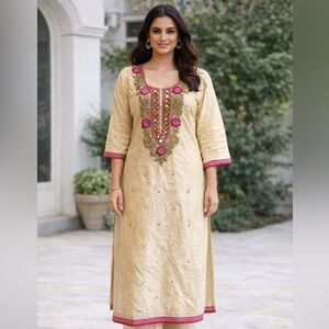 Silk Cotton Embroidered Kurti | Zari Mirror Zardosi Work | Cream & Pink | Large